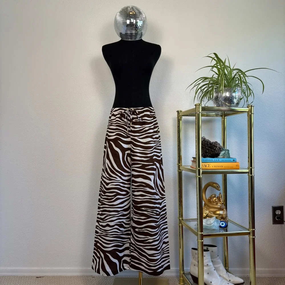 Michael Kors Brown Zebra Print Wide Leg Cotton Drawstring Pants Large Resortwear